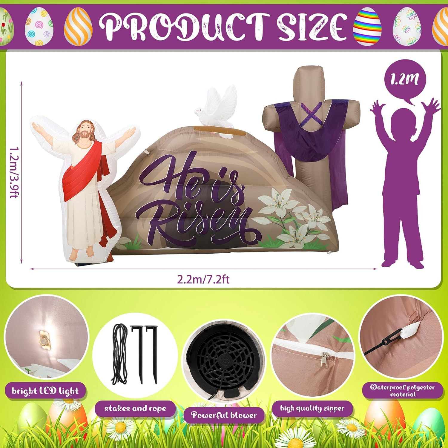 7.2 FT Long Easter Inflatables Outdoor Decorations He Is Risen Inflatables Blow