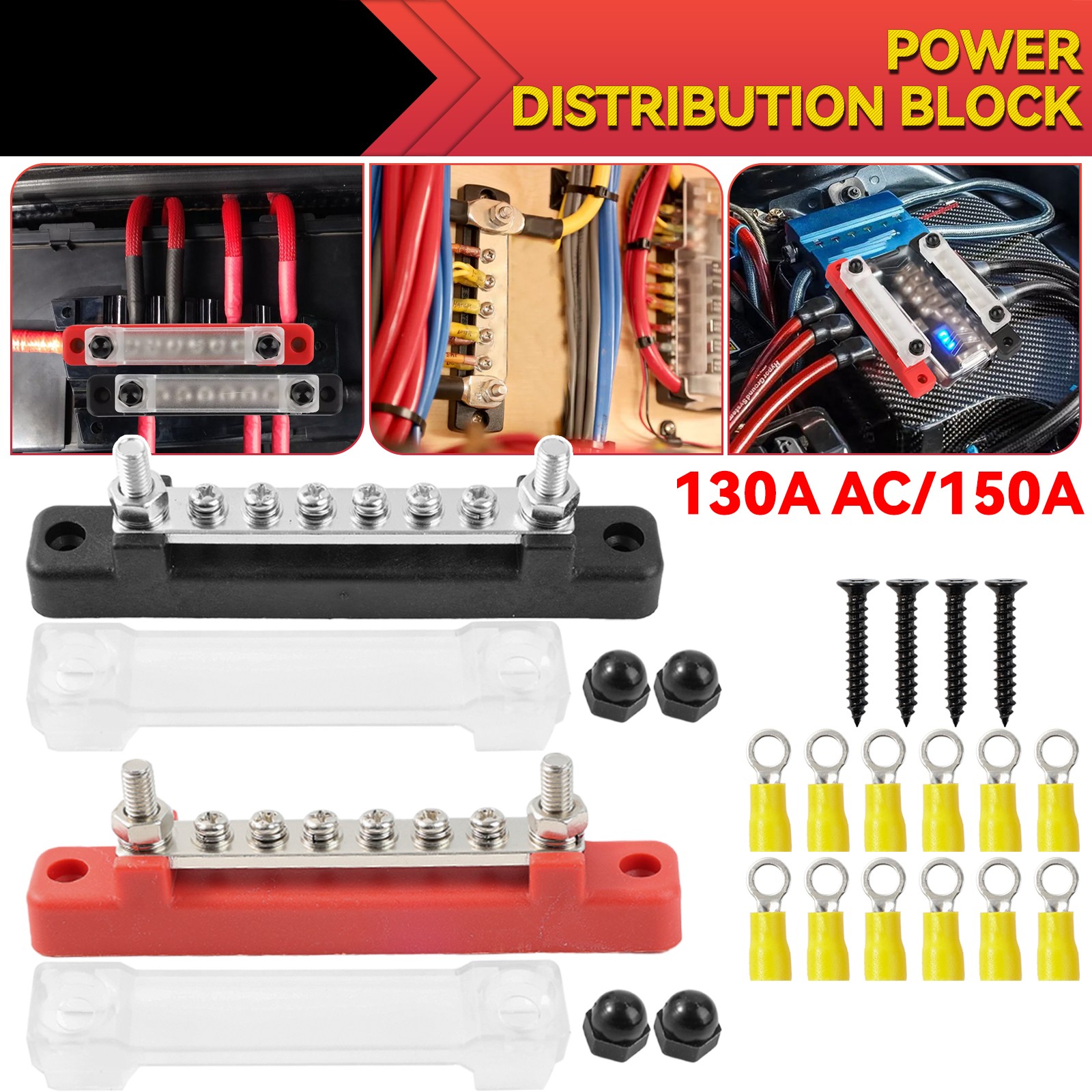2x 12V Distribution Bus Bar Auto Boat Marine Power 6 Way Terminal Block Bus  Bar