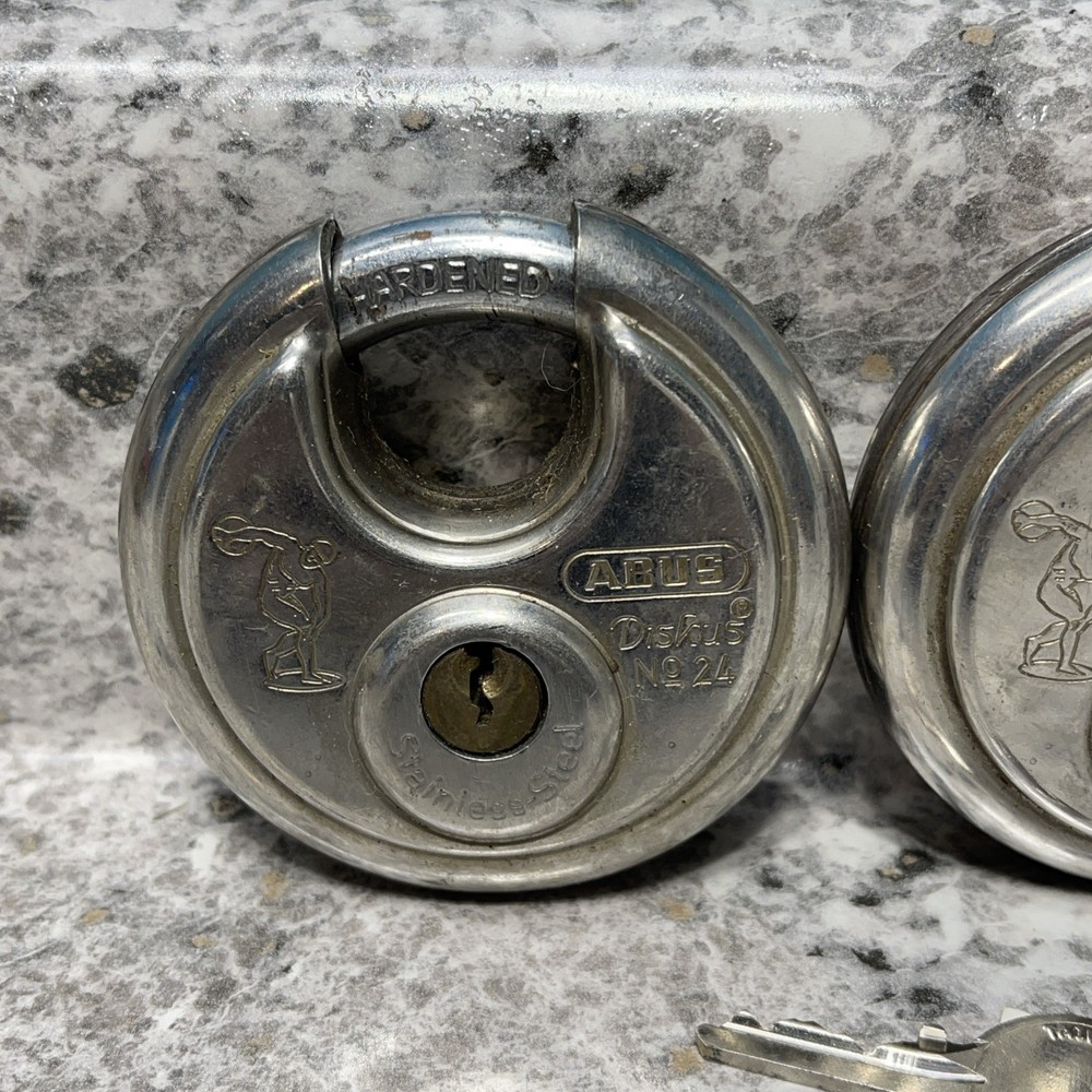 ABUS 24 Diskus Stainless Steel Padlock, 2 pack, preowned, 1 key Germany