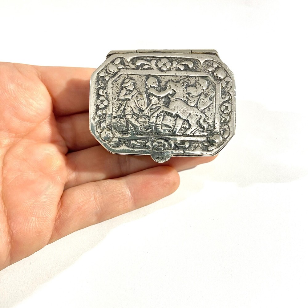 Antique heavy Solid Silver Pillbox , Hallmarked with Medieval scene