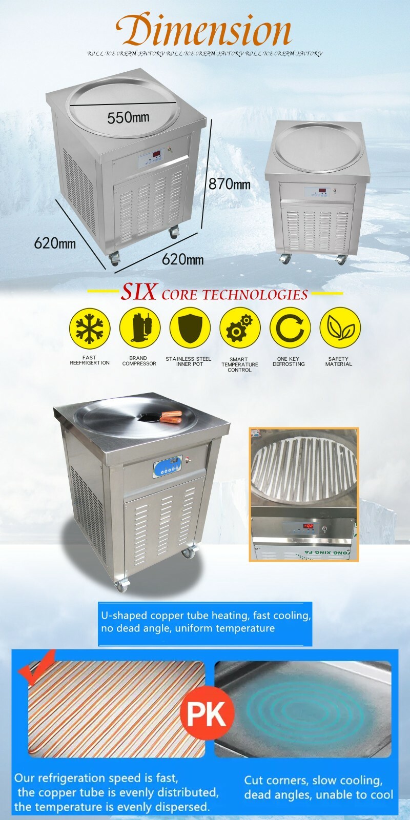 Kolice ETL Commercial Ice Cream Roll Machine, 22" (55cm ) Single Round Ice Pan