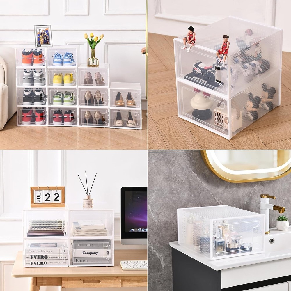X-Large Plastic Clear Shoe Storage Boxes Stackable 12 Pack Fit Size 11, Shoe Rac