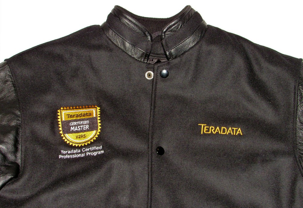 TERADATA 'CERTIFIED MASTER' BLACK WOOL VARSITY JACKET! LEATHER SLEEVES! NWT! S