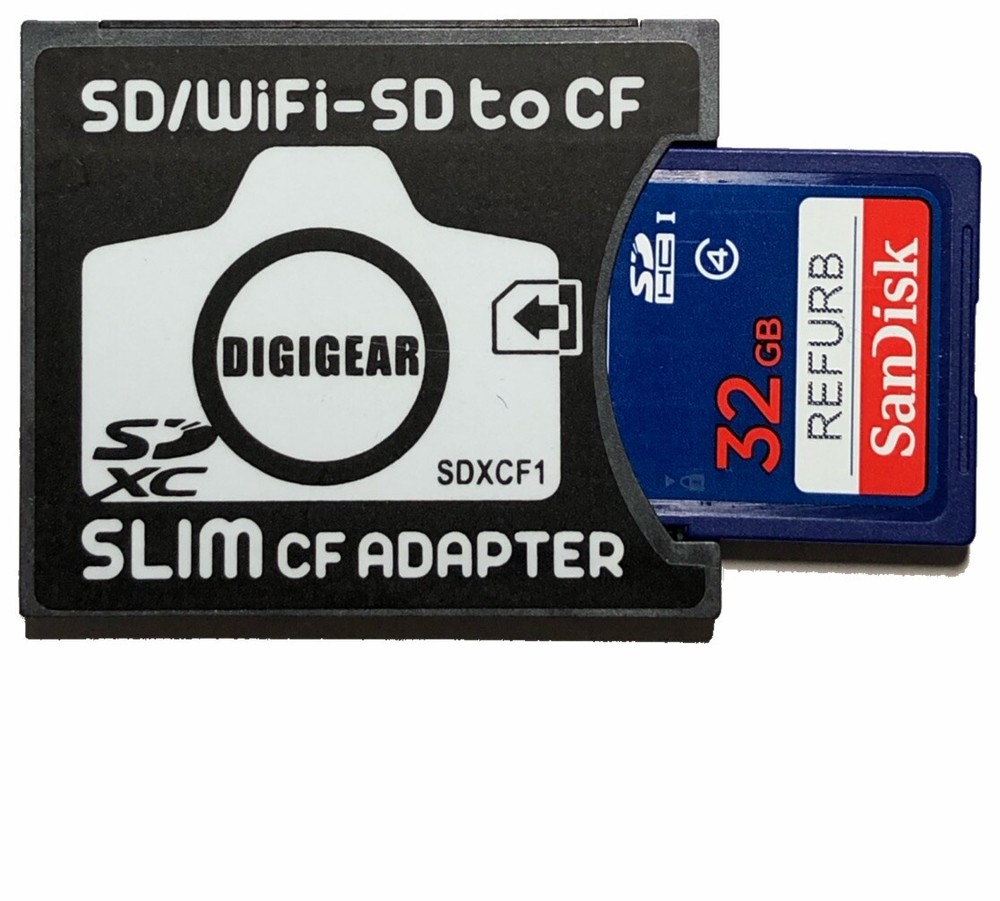 32GB Sandisk -Ref SD W/ SD to SLIM CF Compact Flash Memory Card Adapter