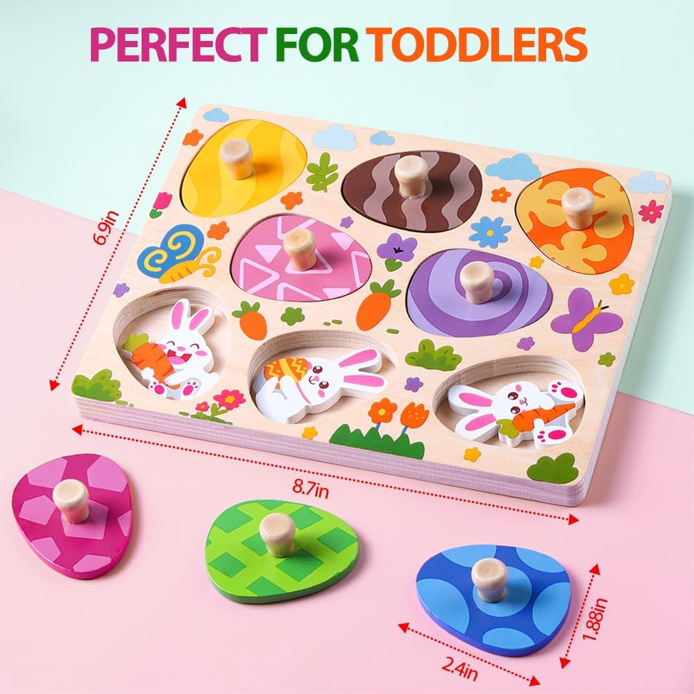 Easter Wooden Pegged Puzzles 8Pcs Bunny Matching Egg Puzzles Easter Montessori T