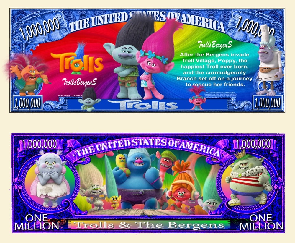 Trolls Million Dollar Bill Play Funny Money Novelty Note with FREE SLEEVE
