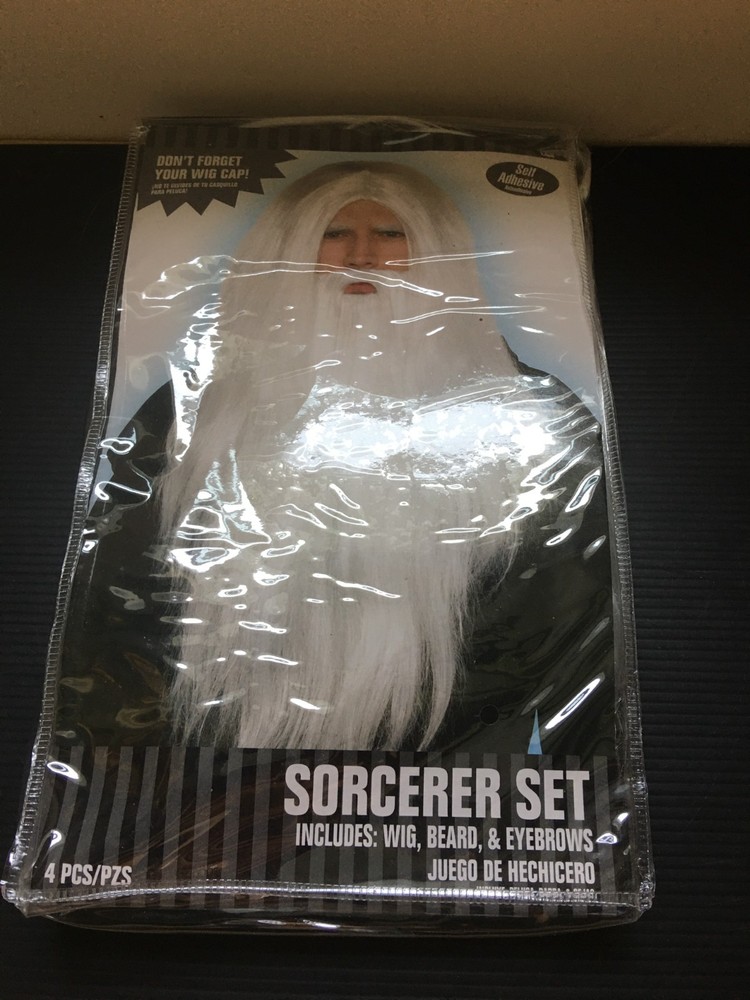 Sorcerer Set Includes: Wig, Beard, & Eyebrows Set (4 Pcs) - White, Self-Adhesive