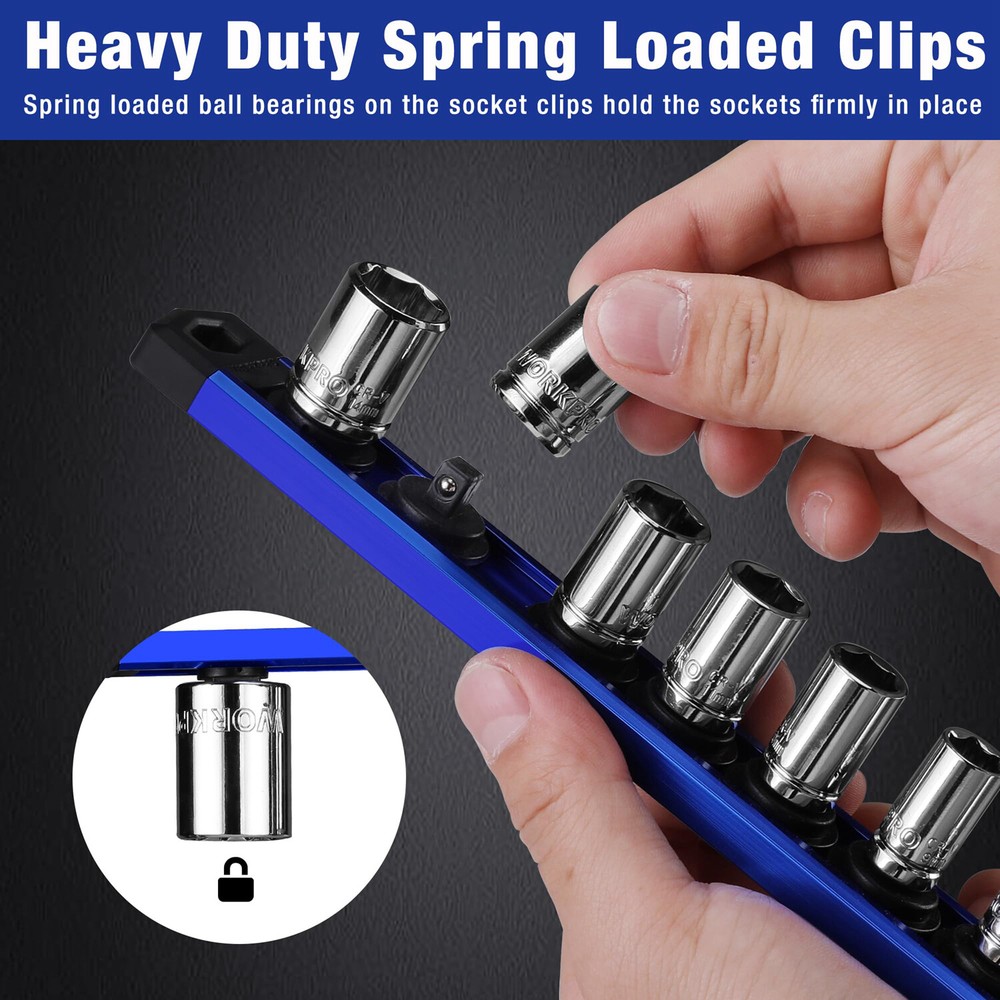 WORKPRO 1/4 Drive Magnetic Socket Organizer Heavy Duty Socket Rail Socket Holder