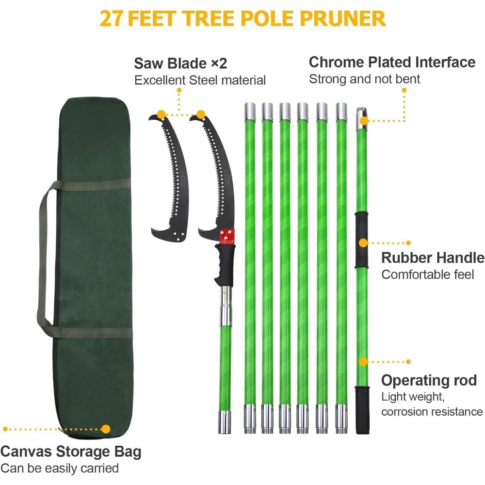 27FT Tree Pole Pruner, Manual Extendable Branch Trimmer Saw