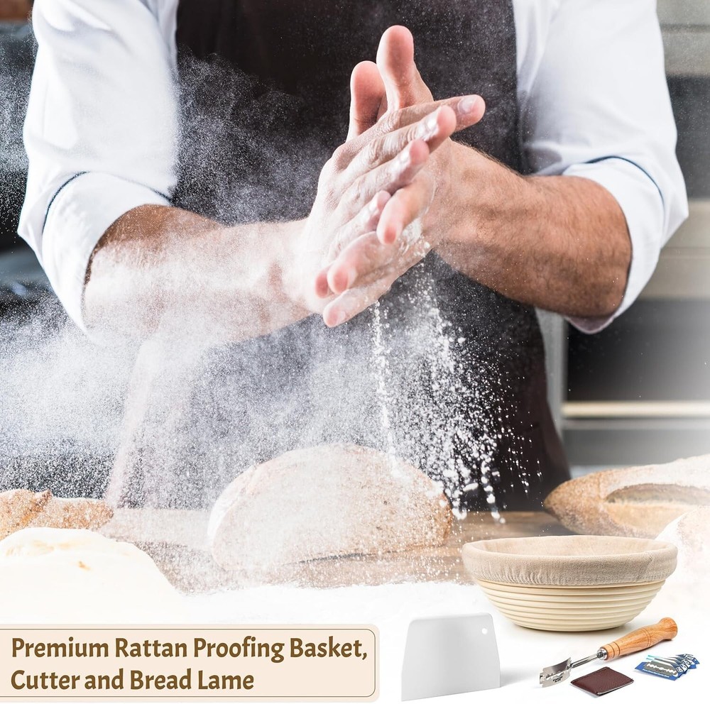 Professional Artisan Bread Kit: 2 Round Bannetons, Scoring Lame, Dough Scraper