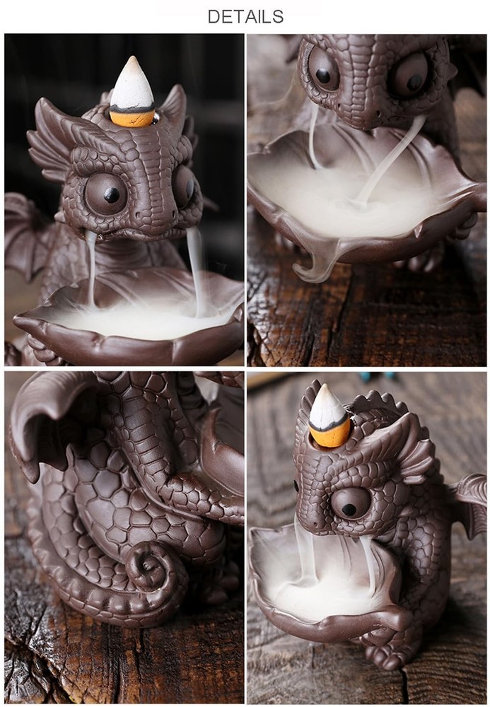 Ceramic Dragon Incense Burner, Cute Dinosaur Backflow Holder Brown