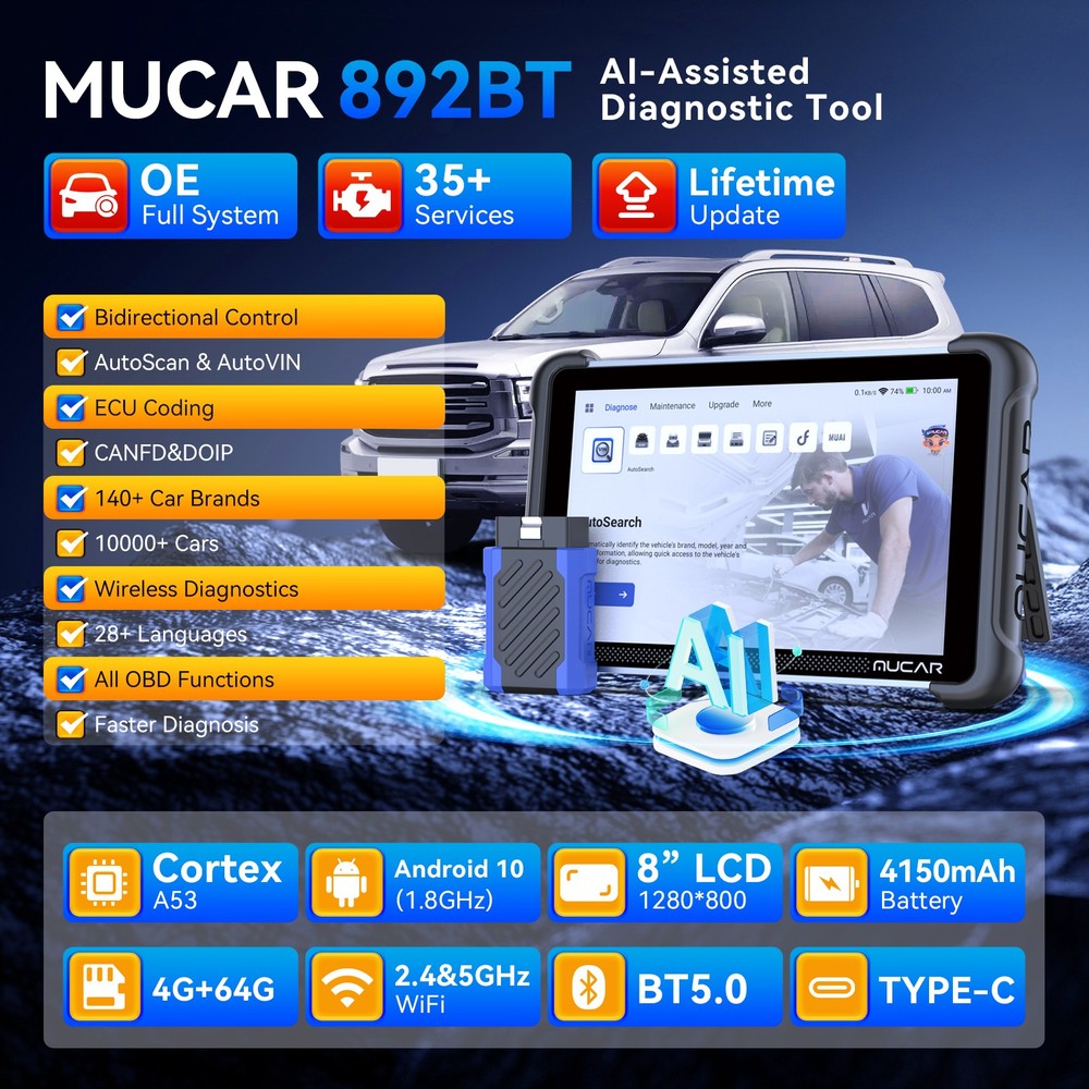 MUCAR 892BT Car Diagnostic Tool OBD2 Auto Scanner 35 Reset TKEY101 IMMO Key Code