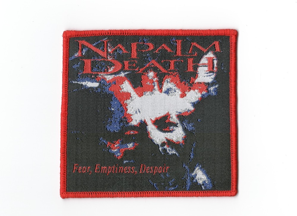 NAPALM DEATH ,FEAR,EMPTINESS,DESPAIR, SEW ON RED BORDER WOVEN PATCH
