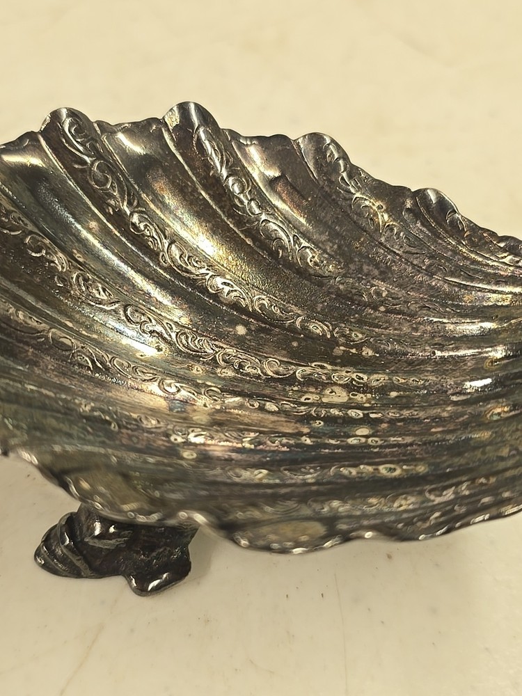 Antique Victorian Scroll Handle Dolphin Footed Silver Shell Dish Salt Dip