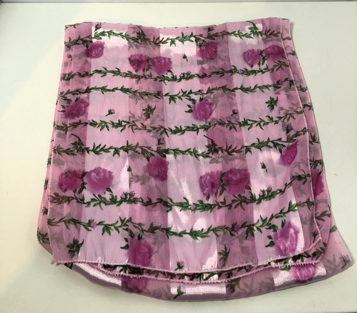 Vintage Pink and Green Scarf, Flower Design, Nylon/Polyester Blend, 57.5" x 12"