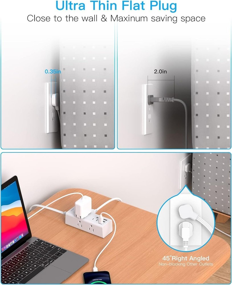 5Ft Extension Cord with Multiple Outlets, Flat Plug Power Strip Surge Protect...