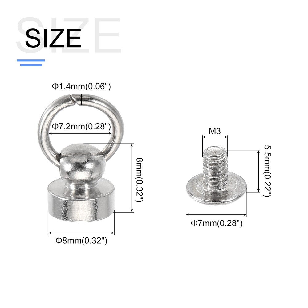 Round Head Pull Ring Rivet Studs 8mm 10Pcs Brass Button Rivets w Screw Silver