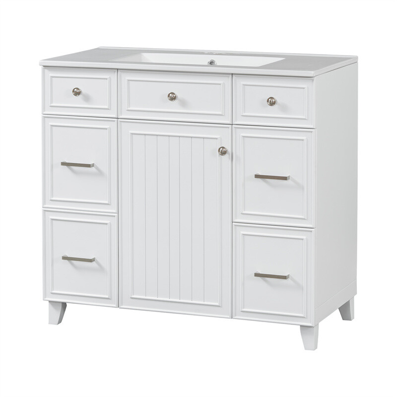 36" White Bathroom Vanity Set,Solid Wood Frame w/Ceramic Sink &Versatile Storage