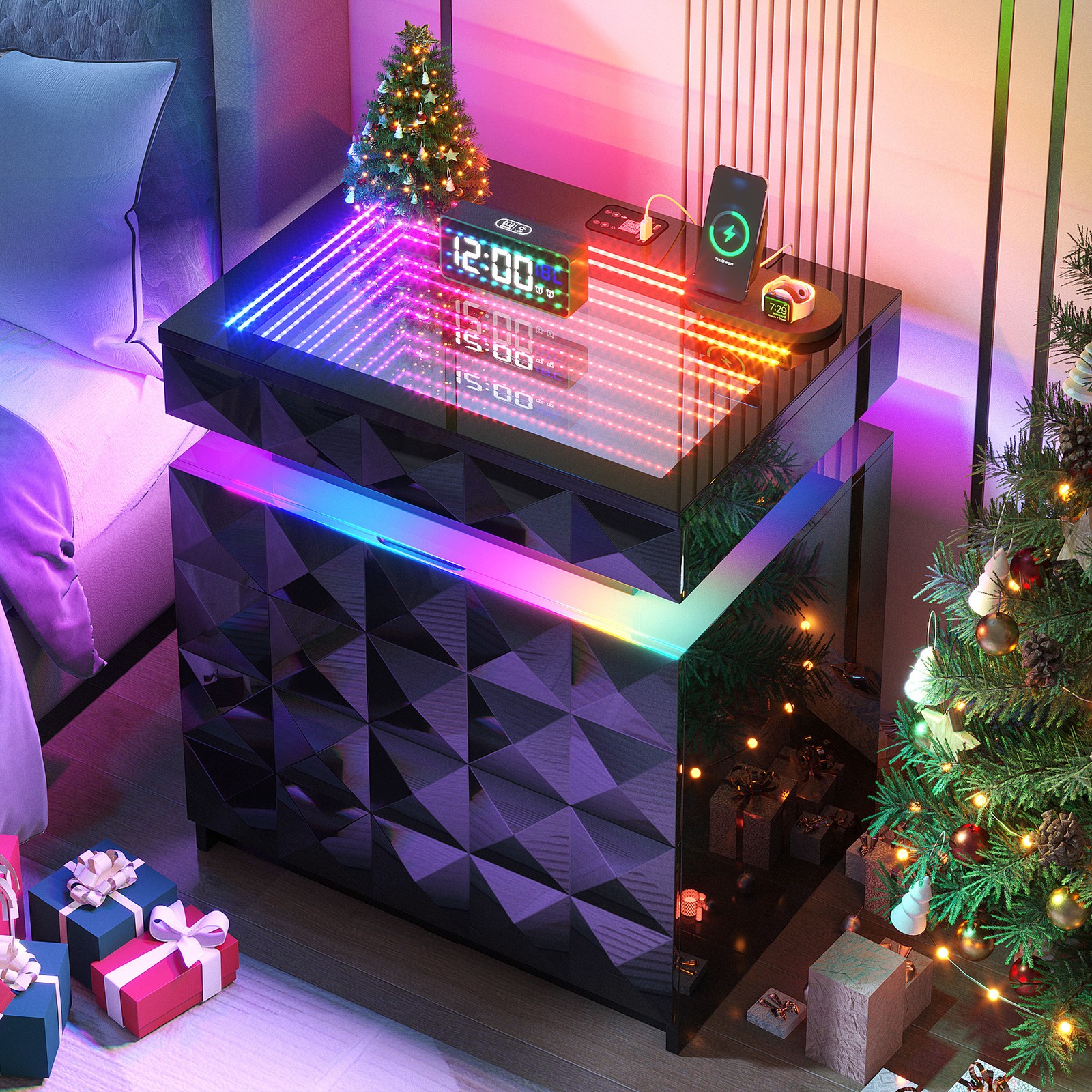 Gurexl Night Stand with RGB LED Light, Nightstand Tempered Glass and Sliding Top