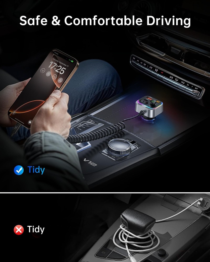 Syncwire Bluetooth 5.4 FM Transmitter Car Adapter 66W PD & QC 3.0 Fast Chargi...