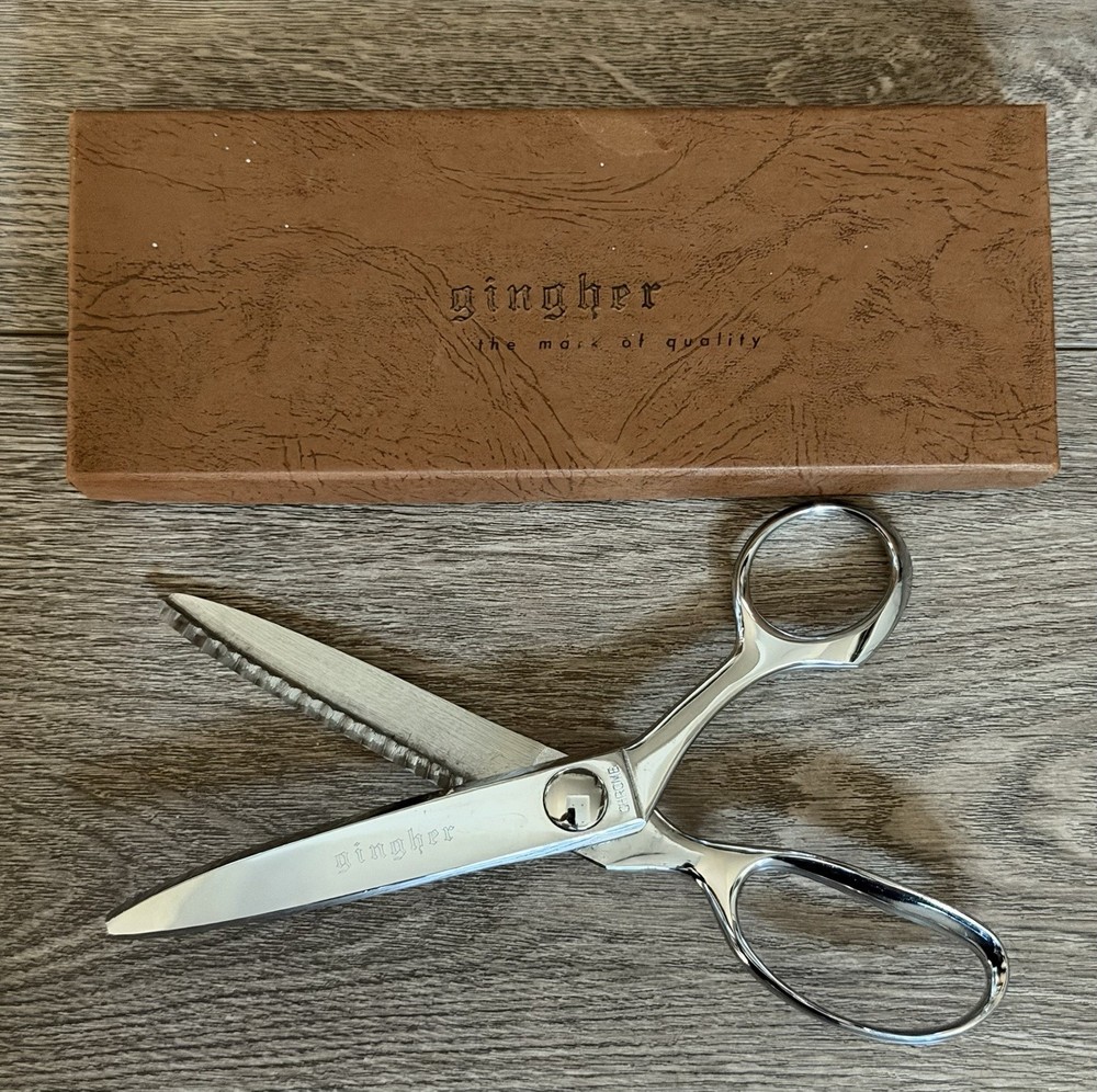 Vintage Gingher Pinking Shears G-7P with Box - Chrome Scissors/ Right Hand.