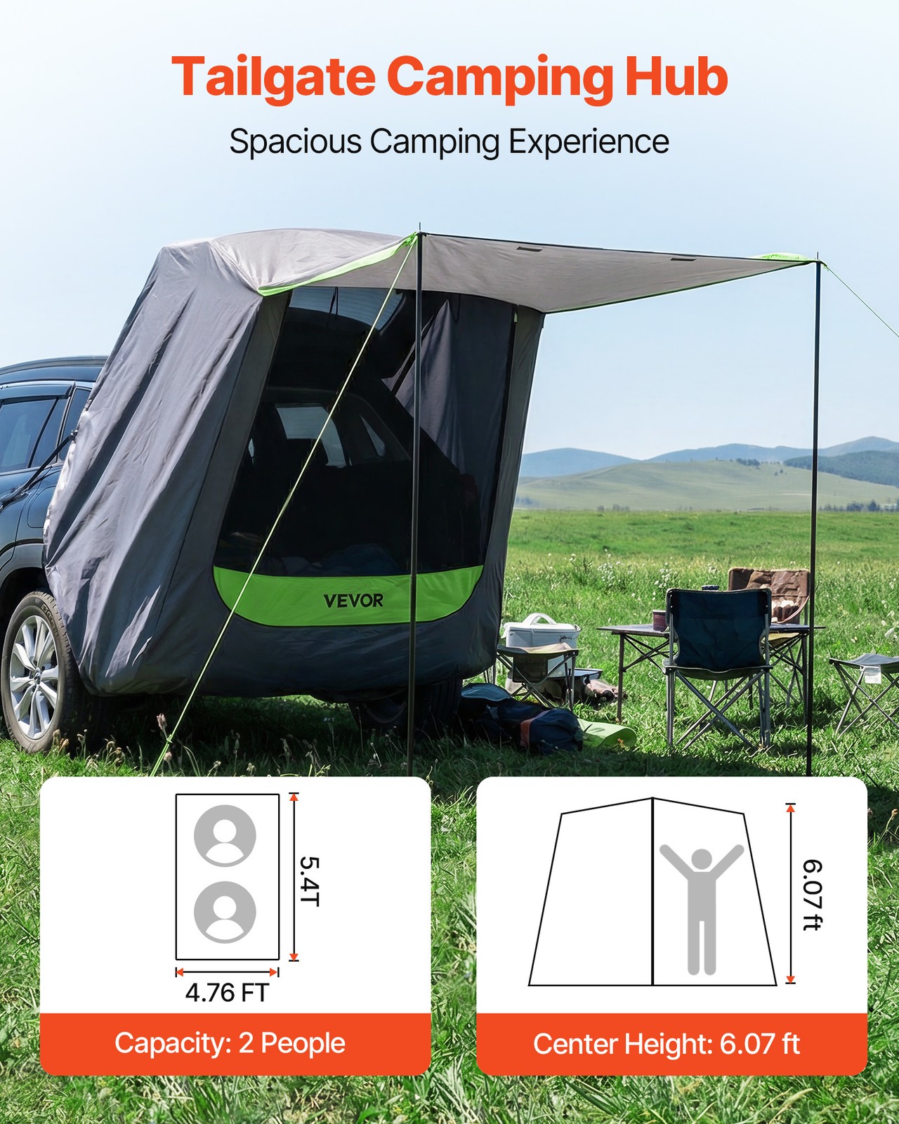 VEVOR SUV Tent with Shade Awning PU2000mm Waterproof SUV Tailgate Camping Tent
