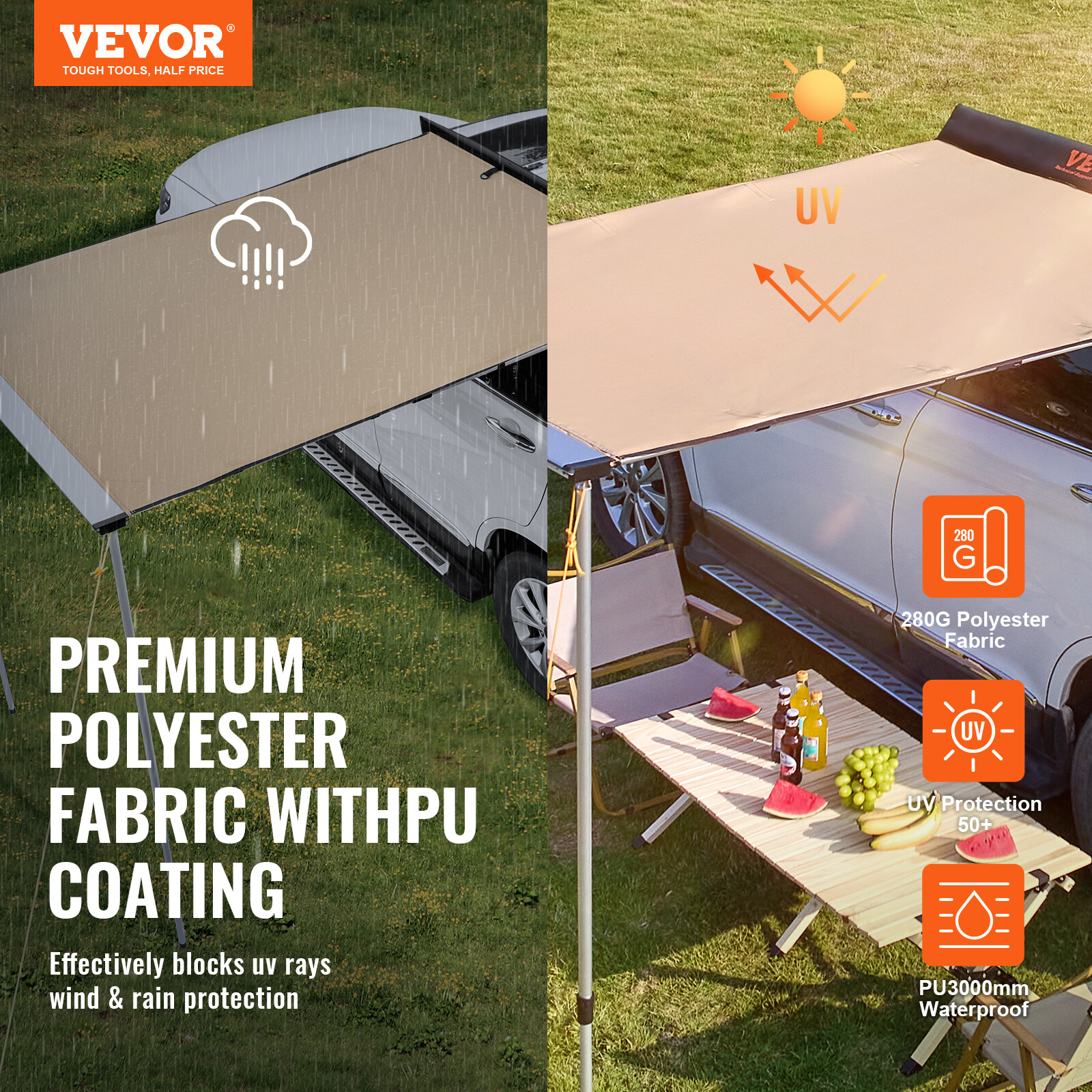 VEVOR 6.5x8.2ft Car Side Awning SUV Truck Rooftop Tent Sunshade Outdoor Camping