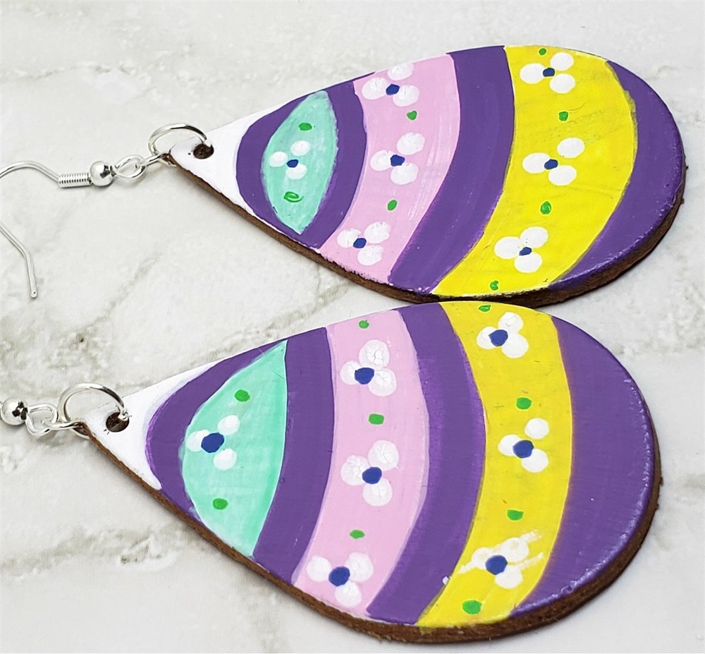Easter Egg Tear Drop Shaped Real Leather Earrings