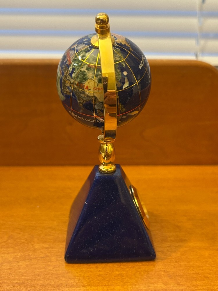 World Globe with Clock Blue Lapis Stone Gemstone 5" Desktop