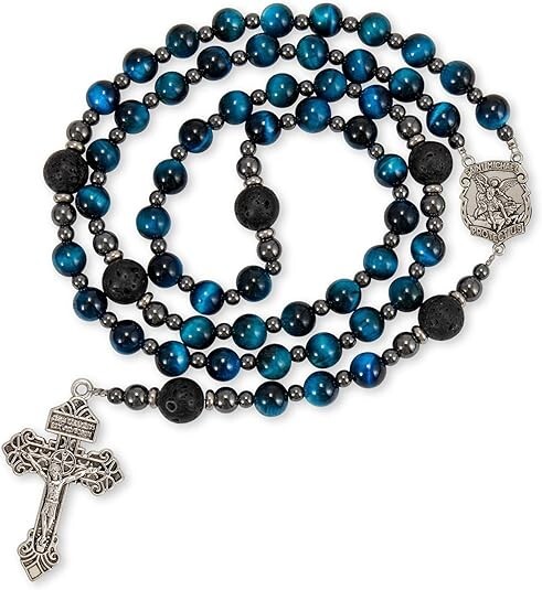 Saint Michael Blue Tiger's Eye Rosary Beads Necklace with Lava Mystery Beads