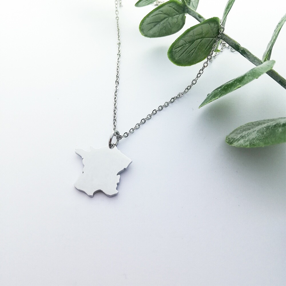 France Map Silver Necklace
