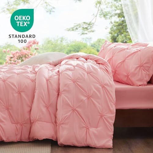 Pink Comforter Set Queen - 3 Pieces Boho Pintuck Bedding Comforter Sets,
