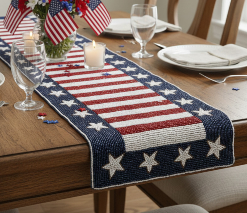 4th July Table Runner Flag Beaded Table Runner  Independence Tableware 13X36In