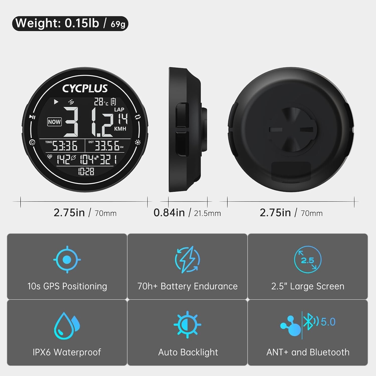CYCPLUS Wireless GPS Bike Computer, ANT+ Bluetooth Cycling Speedometer Odometer