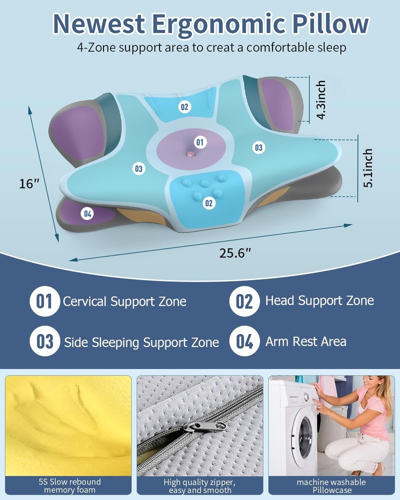 Cervical Neck Pillow for Pain Relief - Ergonomic Side Sleeper Blue