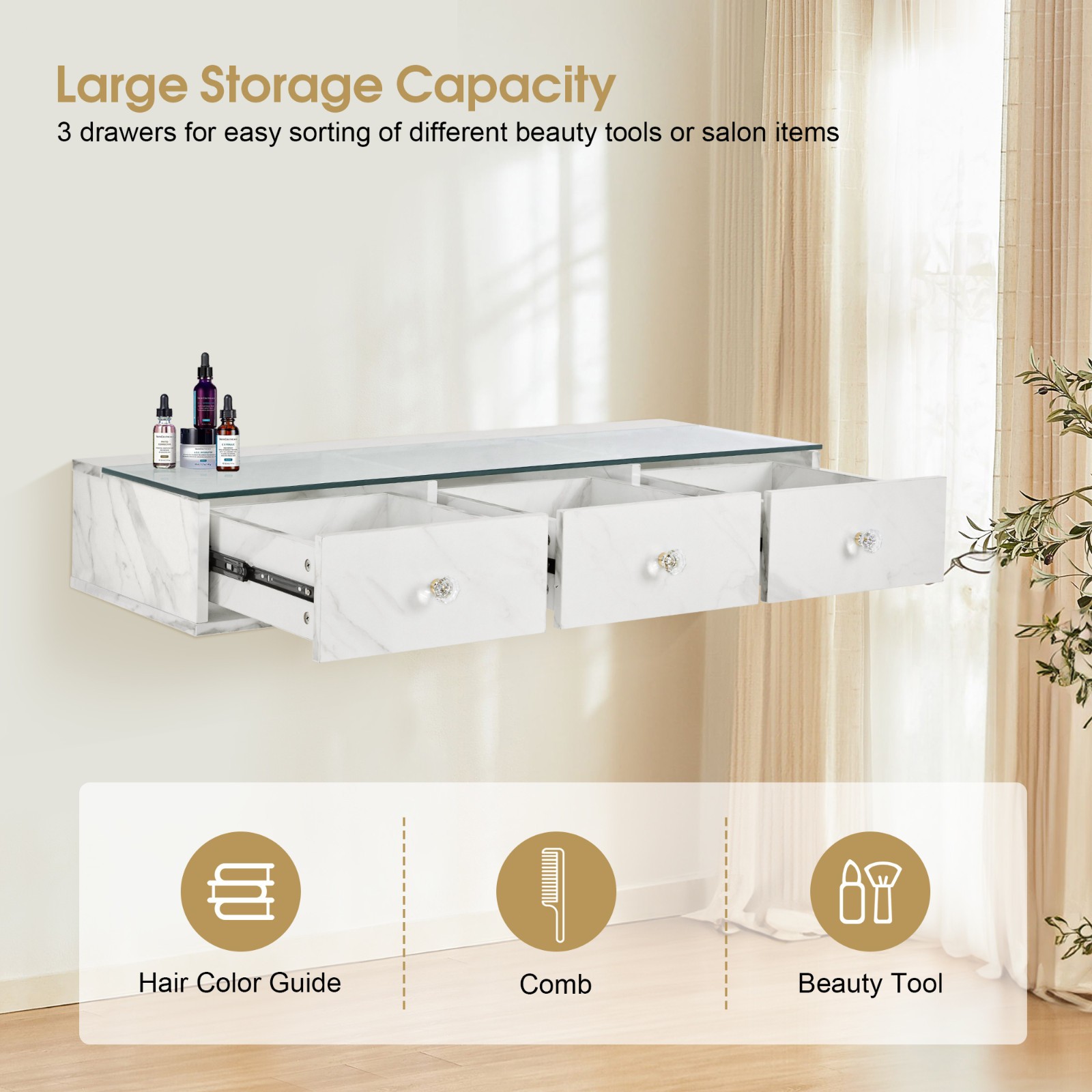 Glass Top Wall Mount Station, Beauty Barber Spa Storage Cabinet with 3Drawers