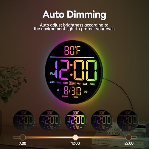 10" Large Digital Wall Clock with Seconds, Alarm Countdown Timer, Big LED Rgb