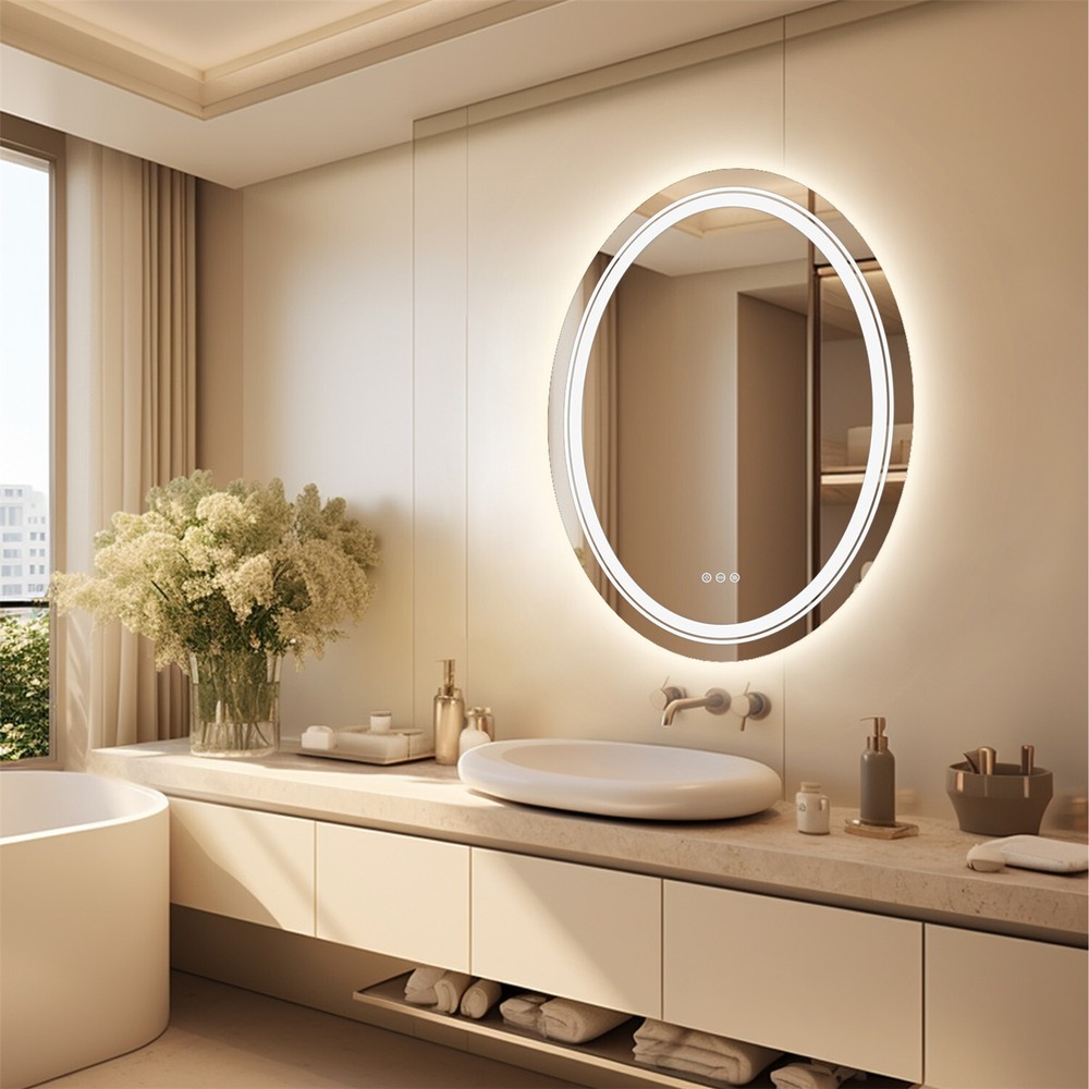 Modern Oval LED Bathroom Mirror Frontlit&Backlit AntiFog Dimmable Vanity Makeup
