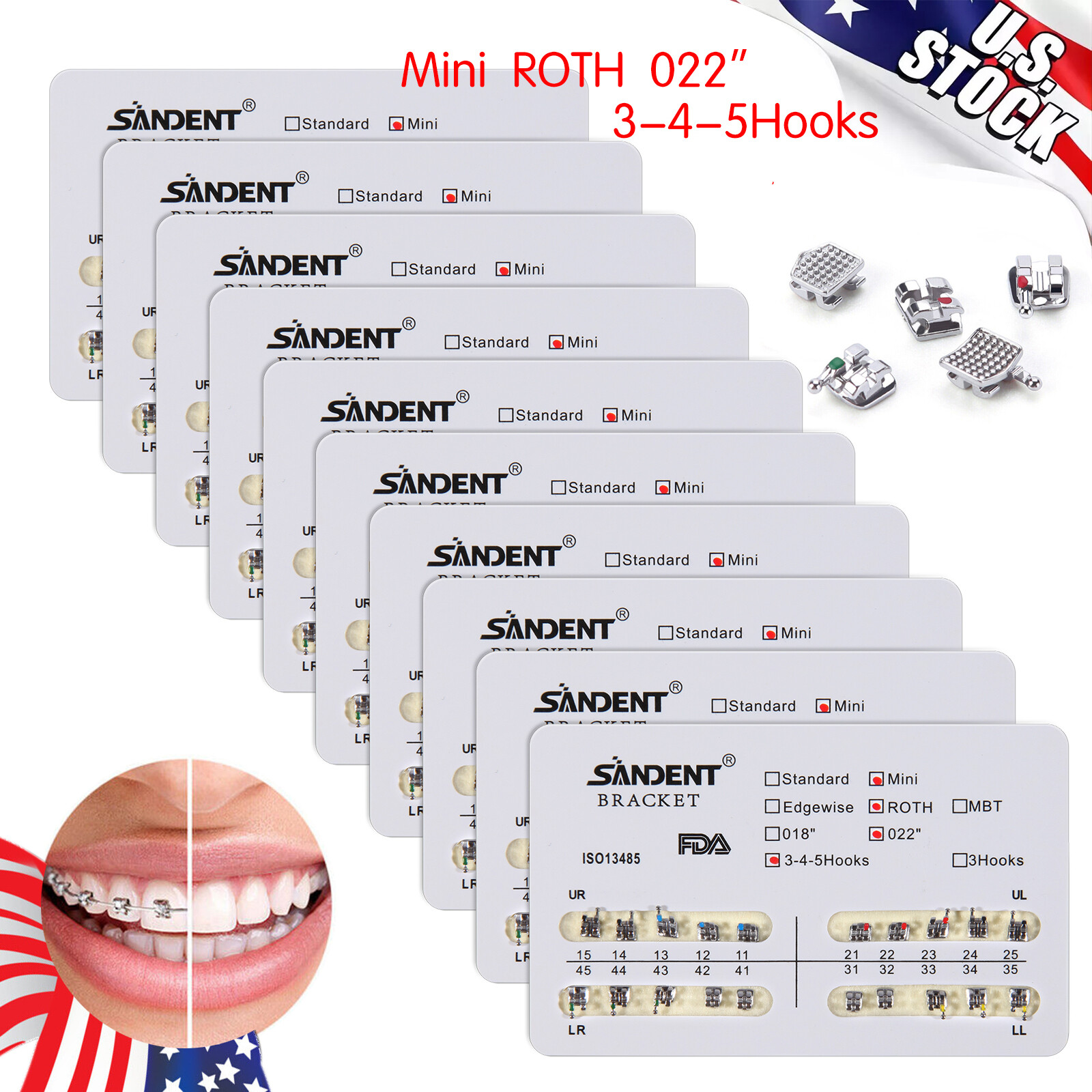 10 Packs Dental Orthodontic Braces Brackets Mini Roth 022"Slot 345 Hooks 200pcs