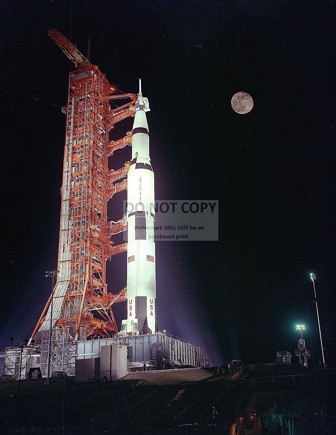 APOLLO 17 SATURN V AT LAUNCH PAD 39A UNDER FULL MOON - 8X10 NASA PHOTO (EP-165)