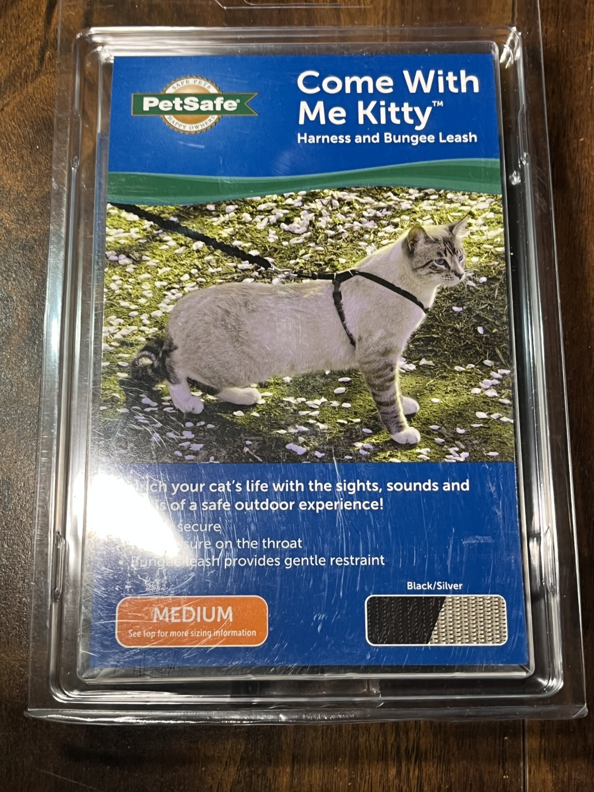 PetSafe Come With Me Kitty Cat Harness & Bungee Leash SZ Medium Black/Silver NEW