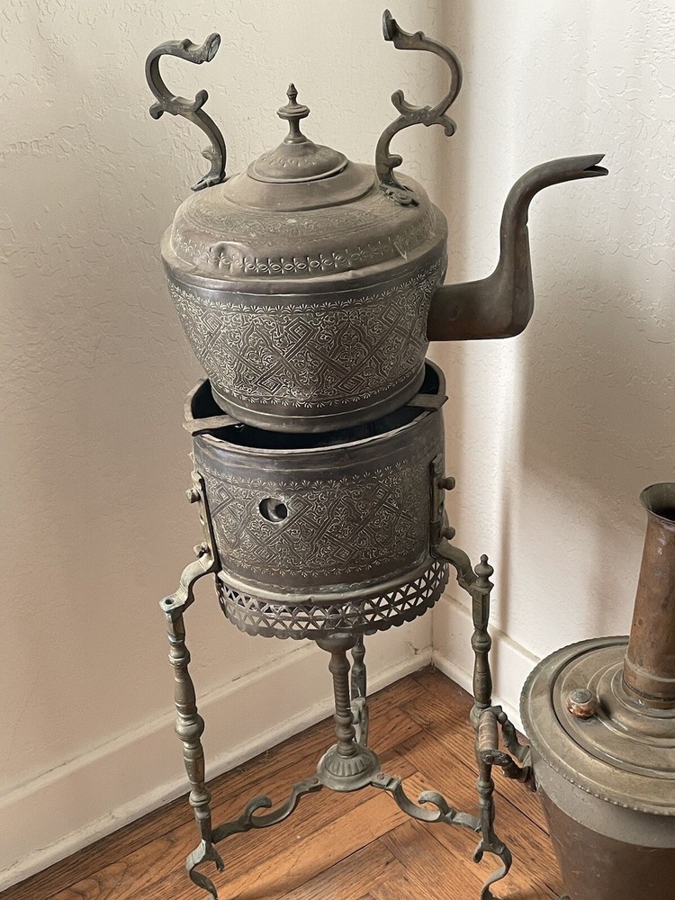 Large Solid Brass Antique Table Top and Brass Tea Kettles