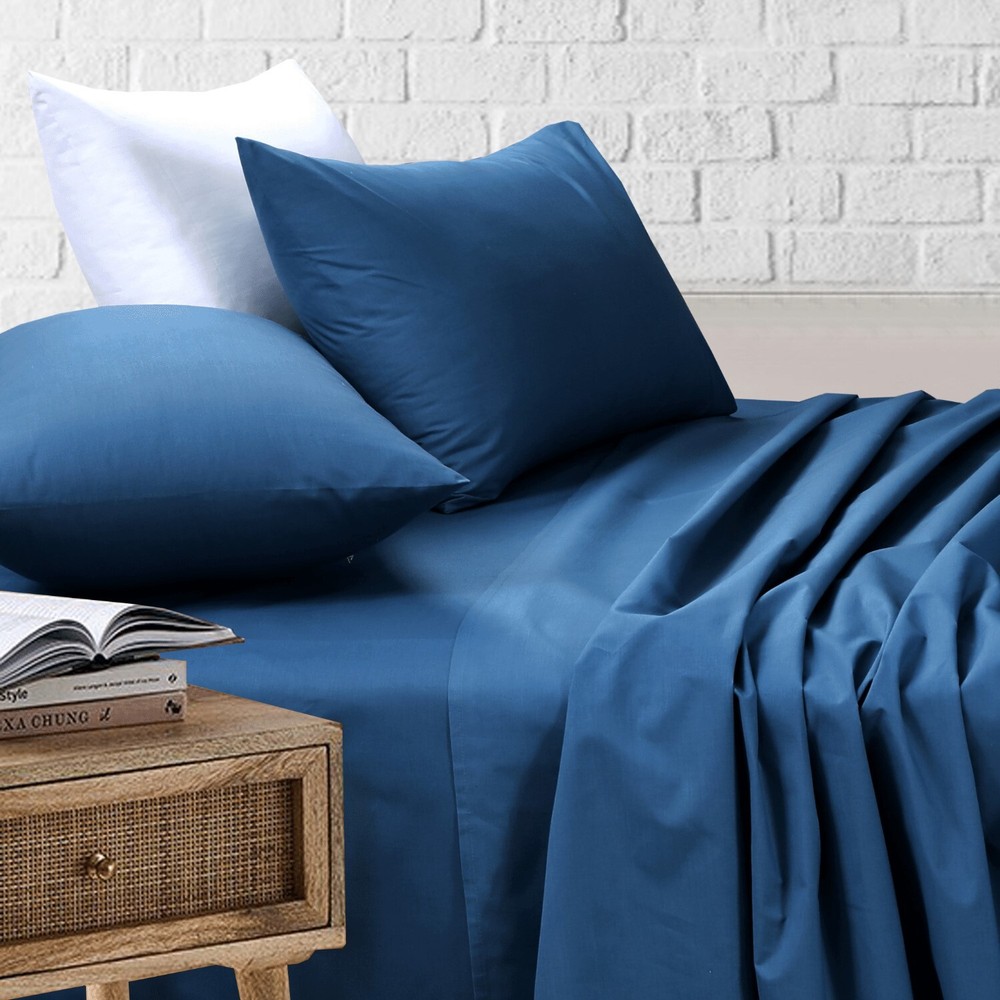 Fitted Flat Sheet Blue Cotton Rich Single Double King Queen Bed Sheets set