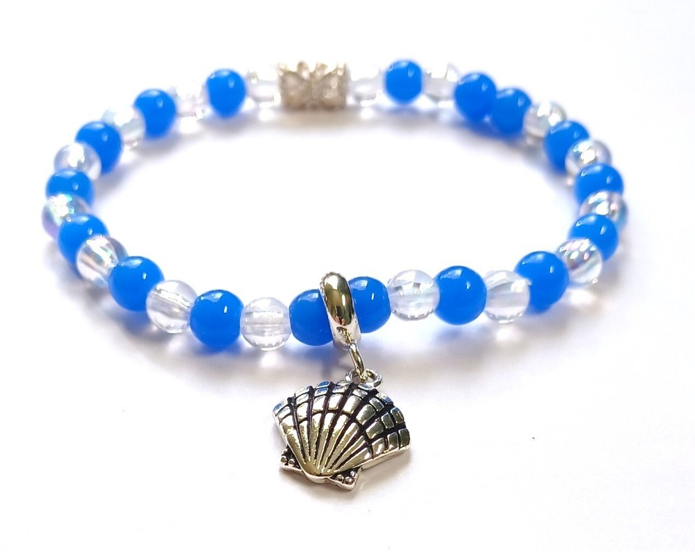 Blue and Clear Beaded Shell Bracelet-7.5 inch Stretchy