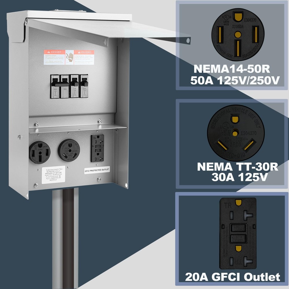 Electrical Outlet Boxes Temporary Power Panel Weatherproof RV Receptacle Grey