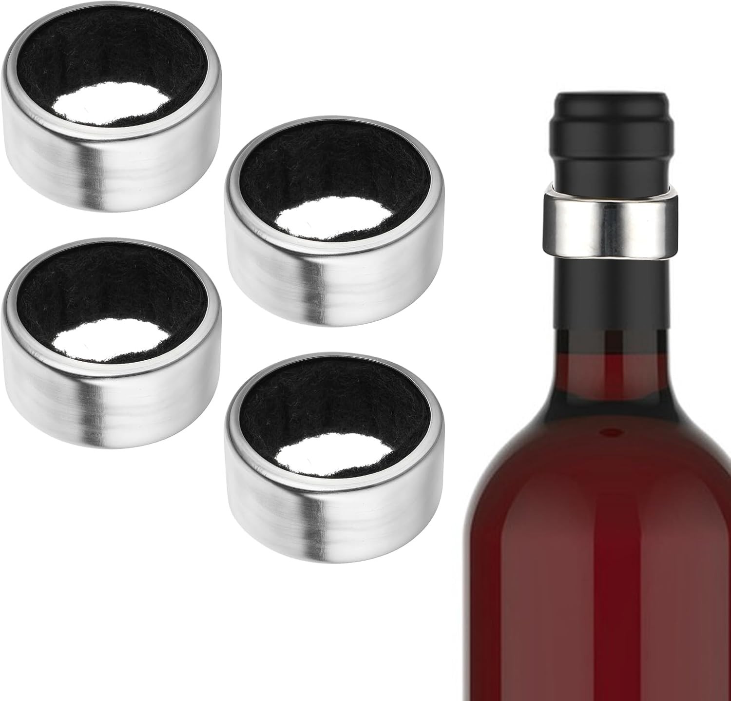 4 Pack Wine Bottle Drip Rings Stainless Steel with Felt Liners Reusable Stopper