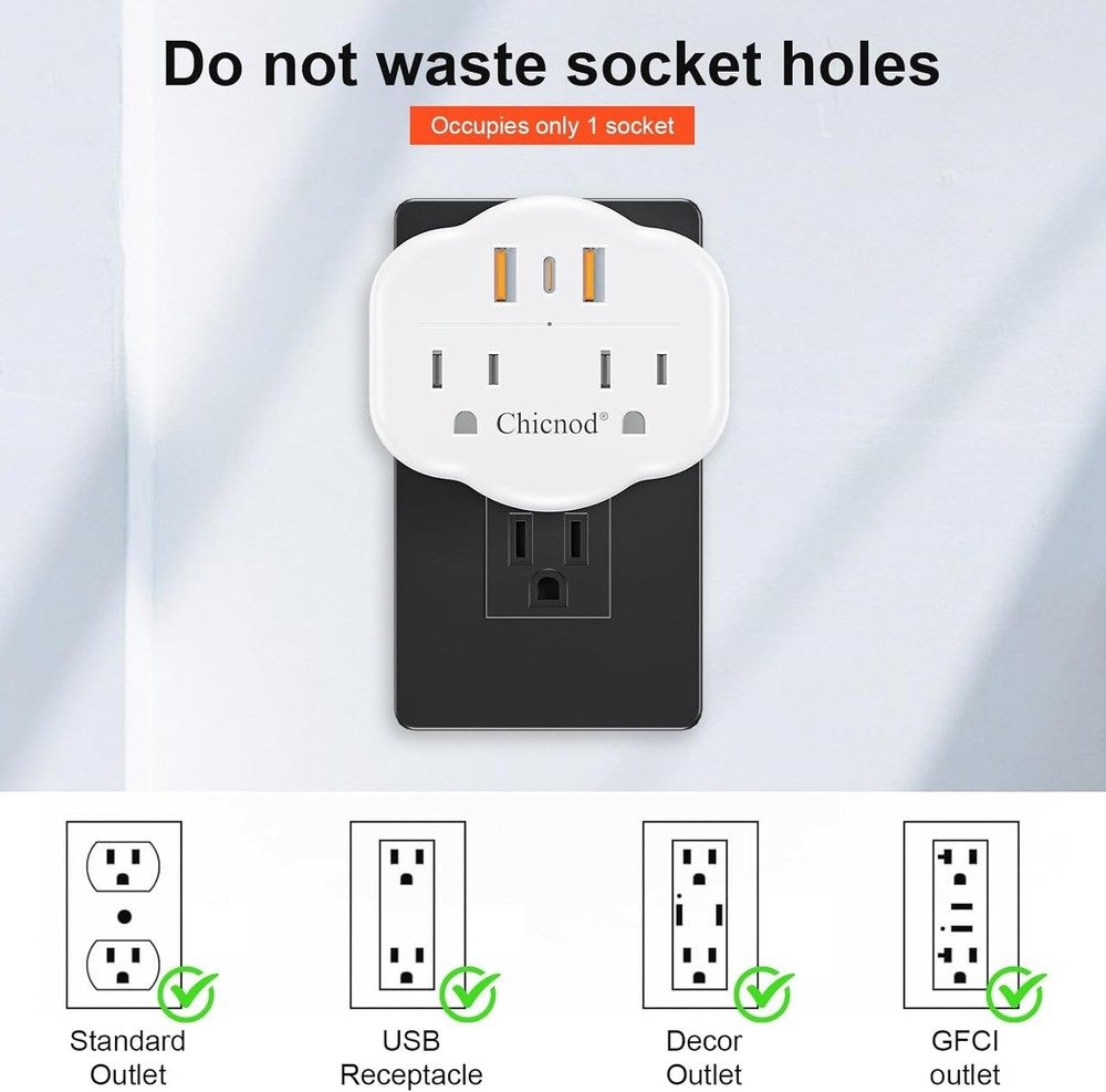5 in 1 Wall Outlet Extender with USB & Type-C, 2 AC Outlets, 1050J Fireproof