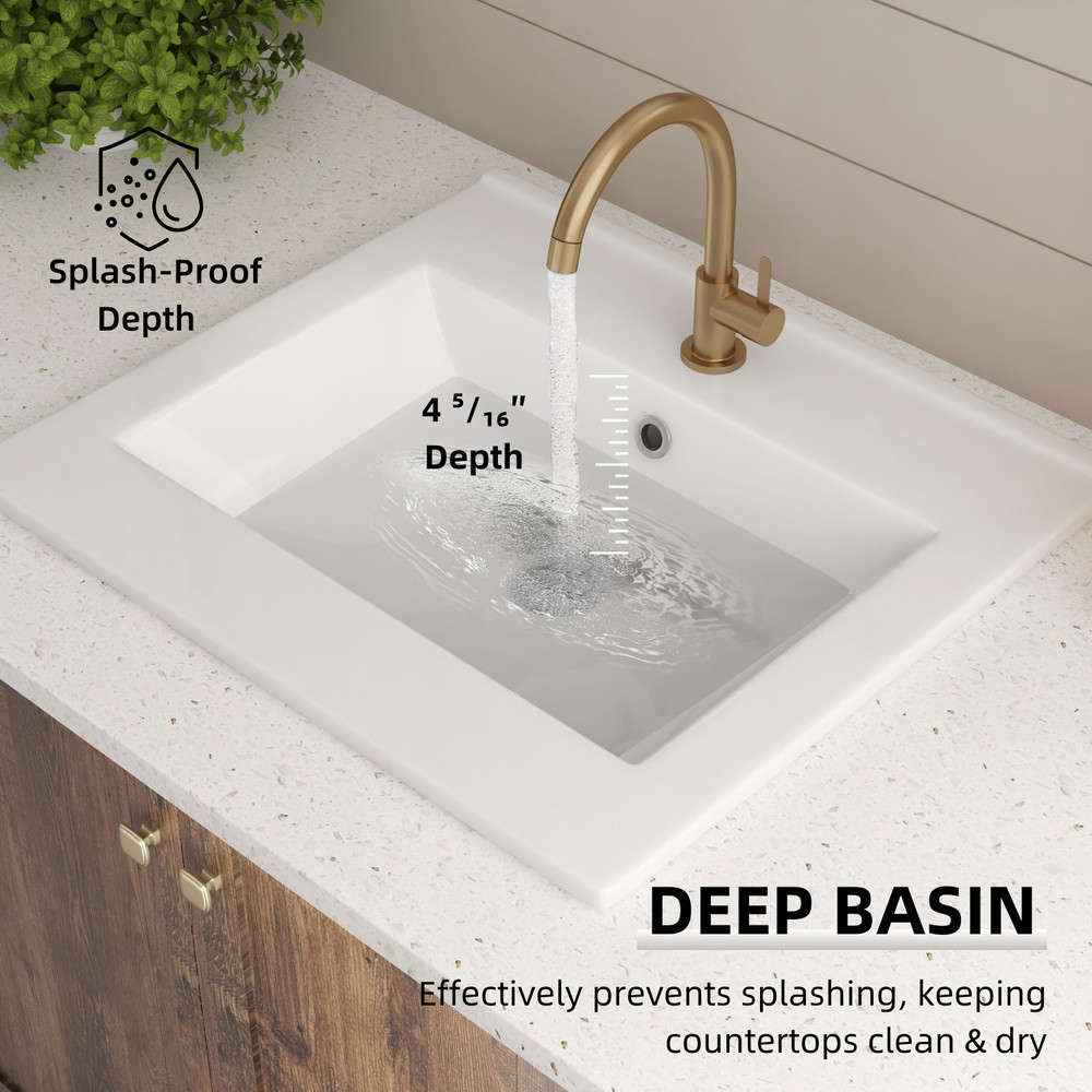 20"x18" White Drop-In Bathroom Sink Ceramic Rectangular with Single Faucet Hole