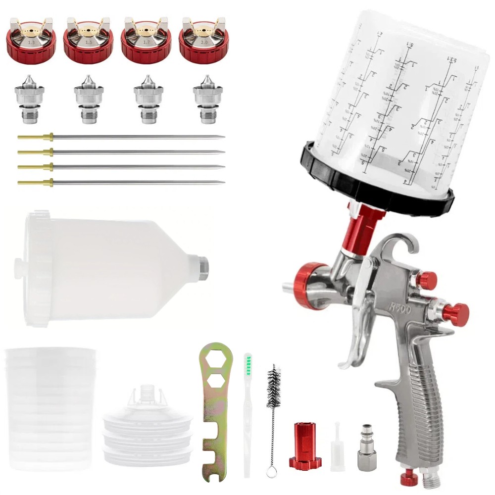 R500 LVLP Air Spray Gun w/ 1.3/1.5/1.7/2.0mm Nozzles for Car Primer Painting