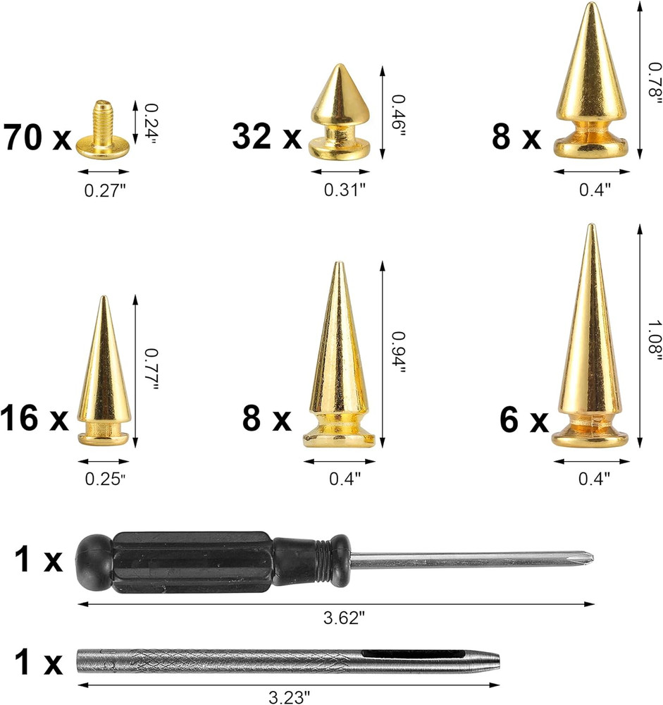 70 Sets Mixed Shape Spikes and Studs Assorted Sizes Spike Studs for Clothing Gol